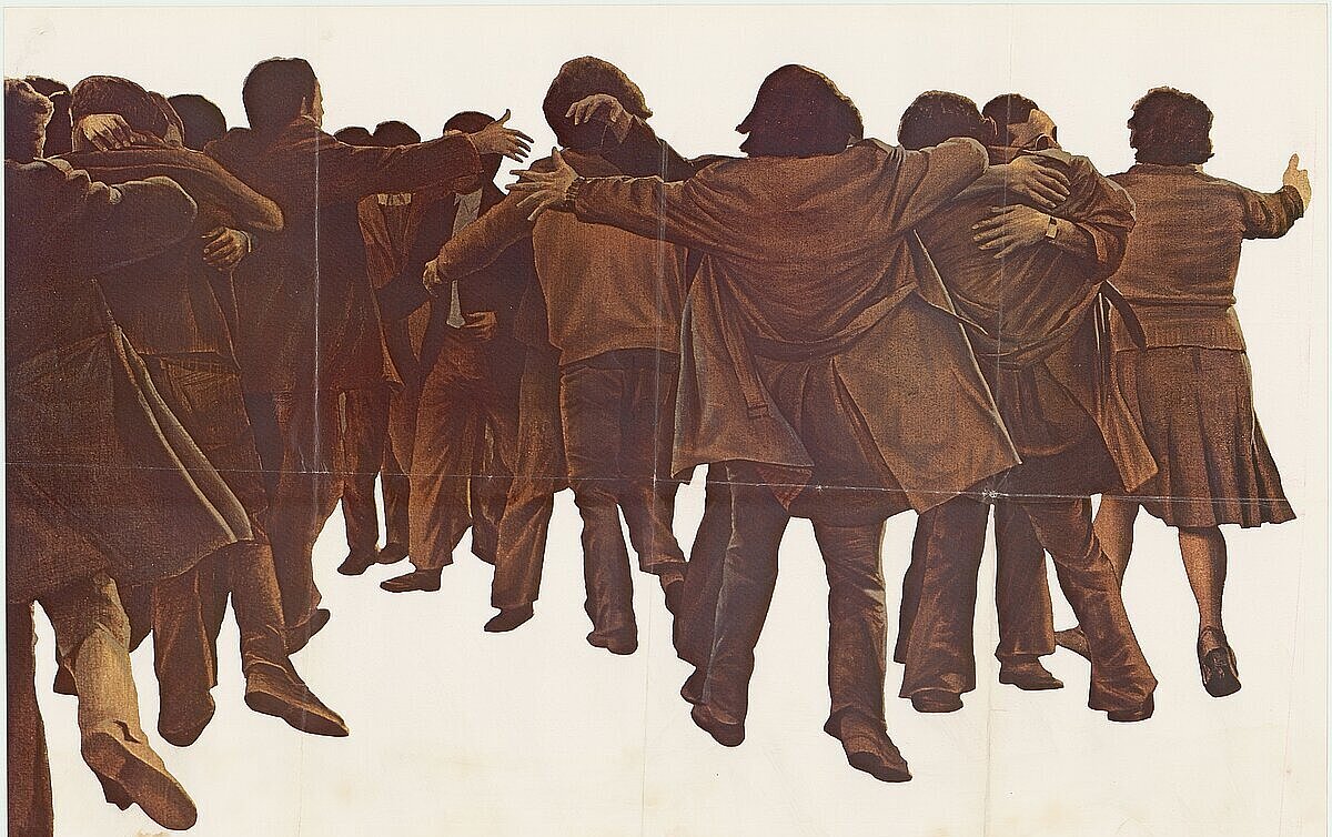 "El Abrazo", de Juan Genovés, en el que varias personas se dan un abrazo. © Juan Genovés (El Abrazo)/Amnistía Internacional