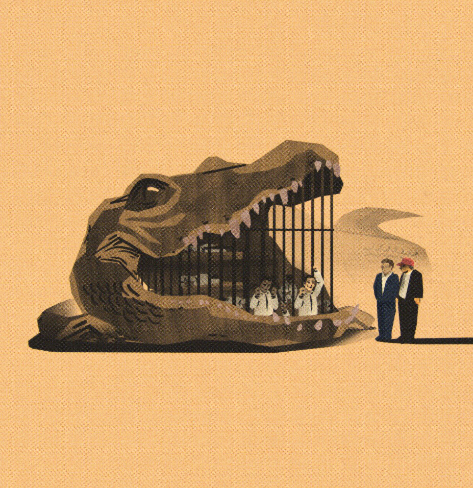 Diseño de una jaula dentro de la boca de un caimán, con personas detenidas dentro y con dos personas (una representando a Donald Trump), observando...